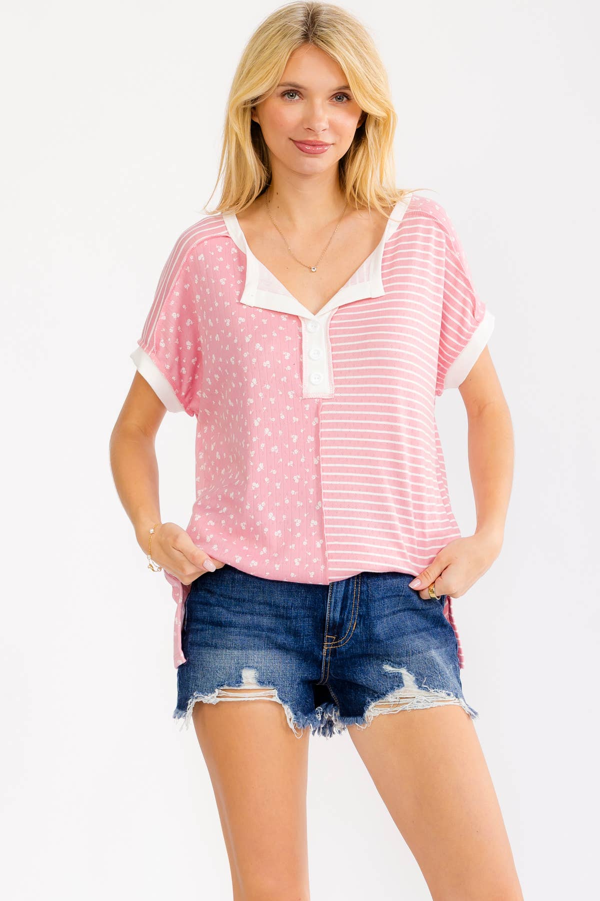 Plus Floral Mixed Print Henley Top