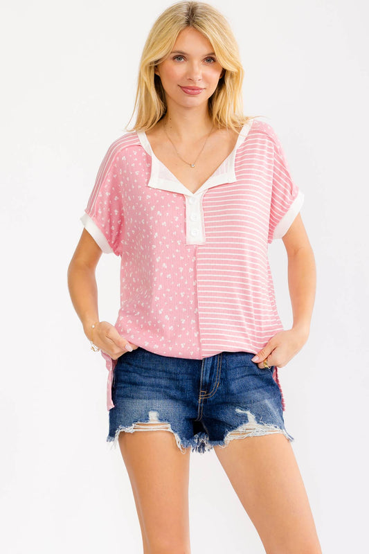 Plus Floral Mixed Print Henley Top