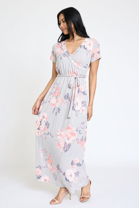 Floral Surplice Bodice Sash Maxi Dress