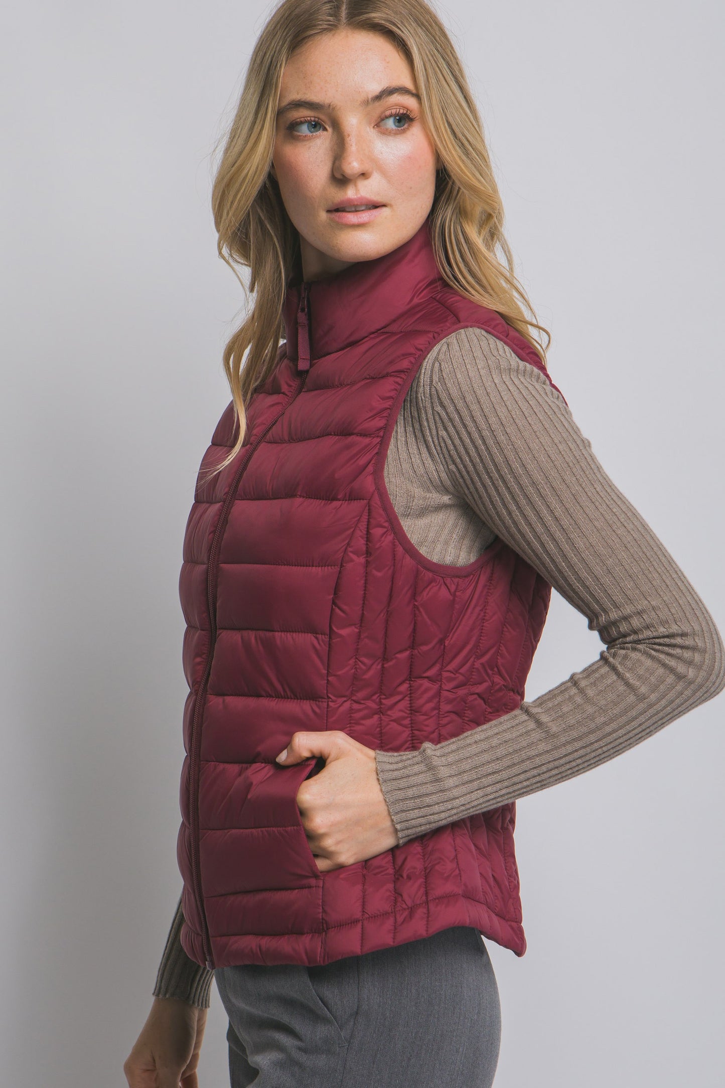 Lightweight Down Packable Puffer Vest--Burgundy