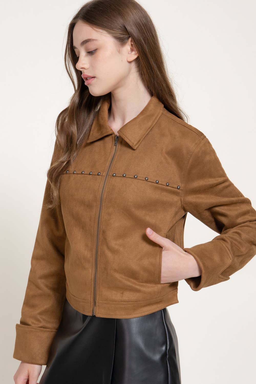 Long Sleeve Faux Suede Jacket with Stud Detail