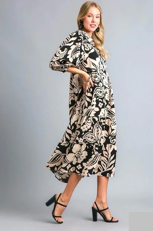 Black Mix Floral Tiered Midi Dress