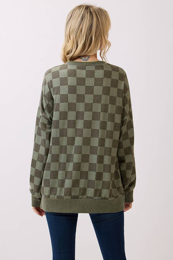 Olive Checkered Print Pullover Top