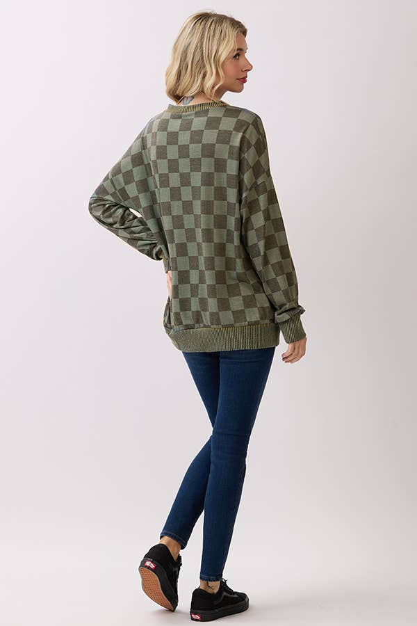 Olive Checkered Print Pullover Top