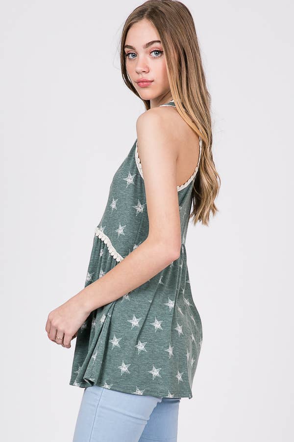 Star Print Lace Trim Babydoll Tank