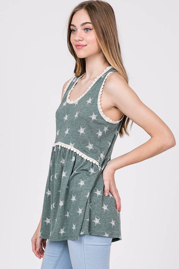 Star Print Lace Trim Babydoll Tank