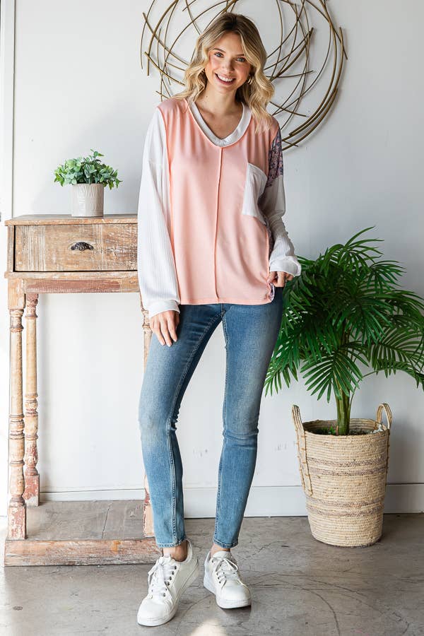 Floral Patchwork Panel Front Pocket V Neck Pullover Top