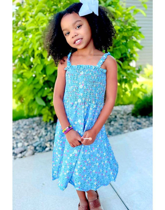 Girl's Blue White Floral Smocked Dress
