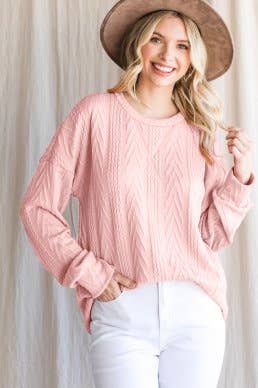 Rose Casual Drop Shoulder Cable Knit Top