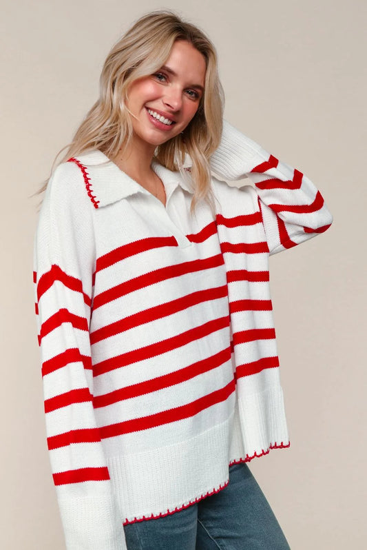 Red Collared Notch V-neck Loose Fit Knit Top