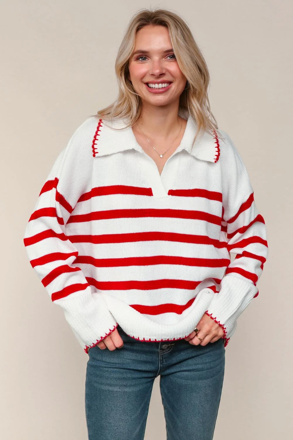 Red Collared Notch V-neck Loose Fit Knit Top