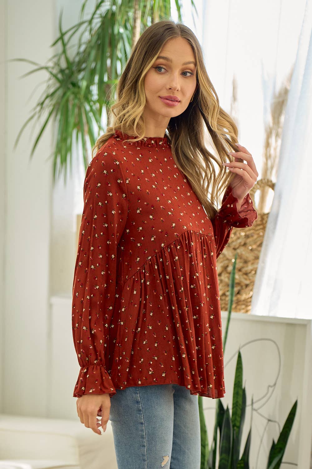 Rust Floral Mock Neck Blouse