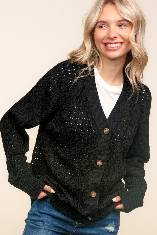 Button Down Pointelle Solid Sweater Cardigan