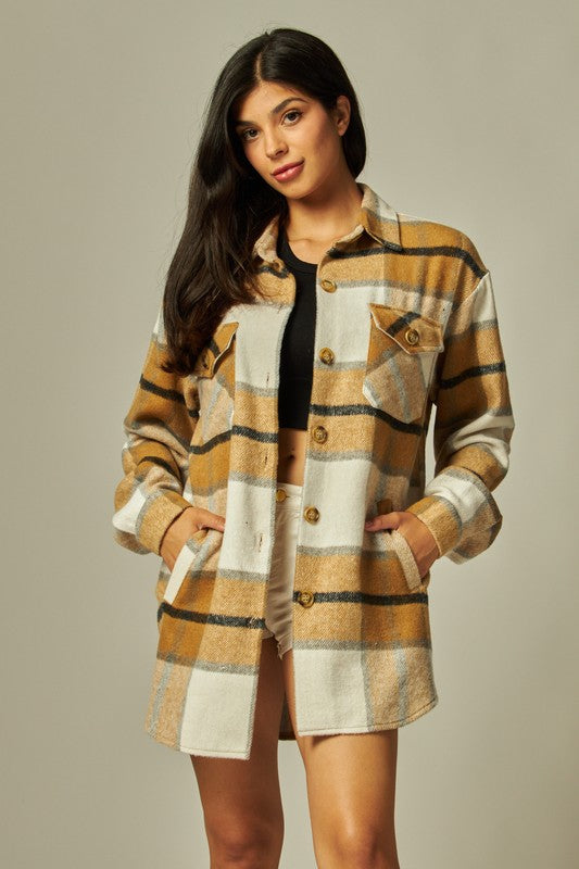 Flannel Plaid Oversized Shacket Button Down Jacket--Dark Khaki