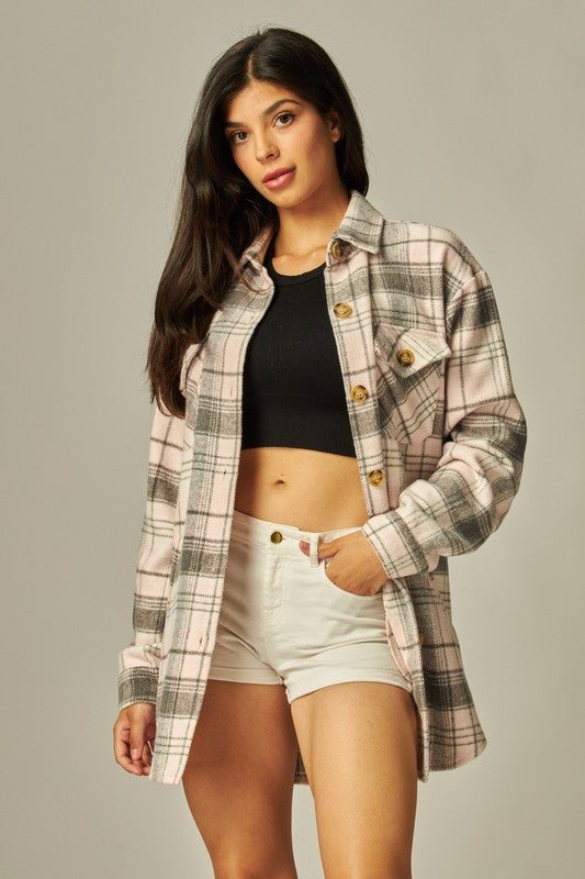 Flannel Plaid Oversized Shacket Button Down Jacket--Pink/Gray