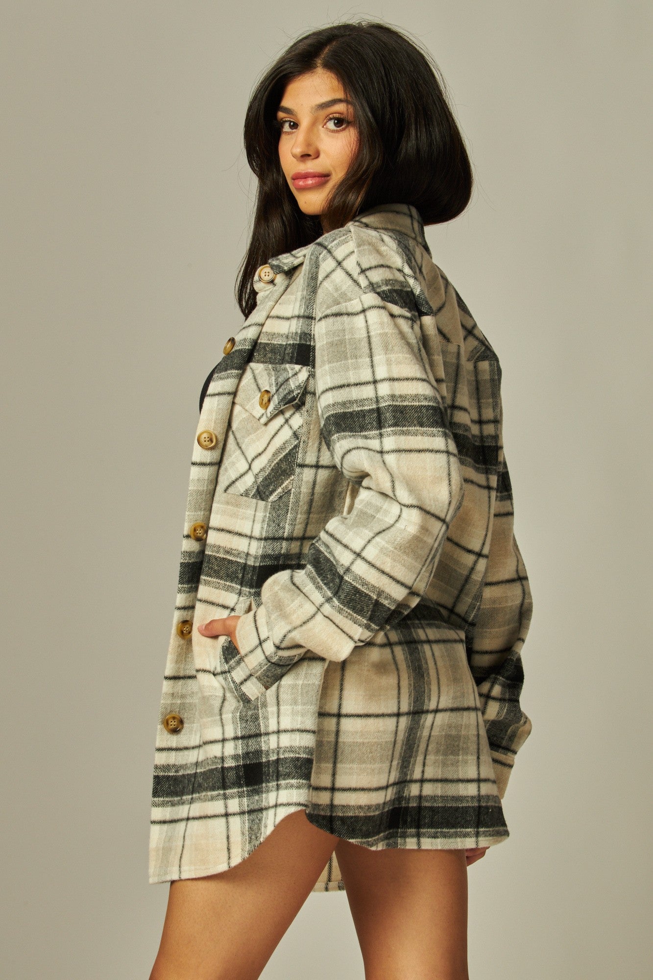 Flannel Plaid Oversized Shacket Button Down Jacket--White/Gray