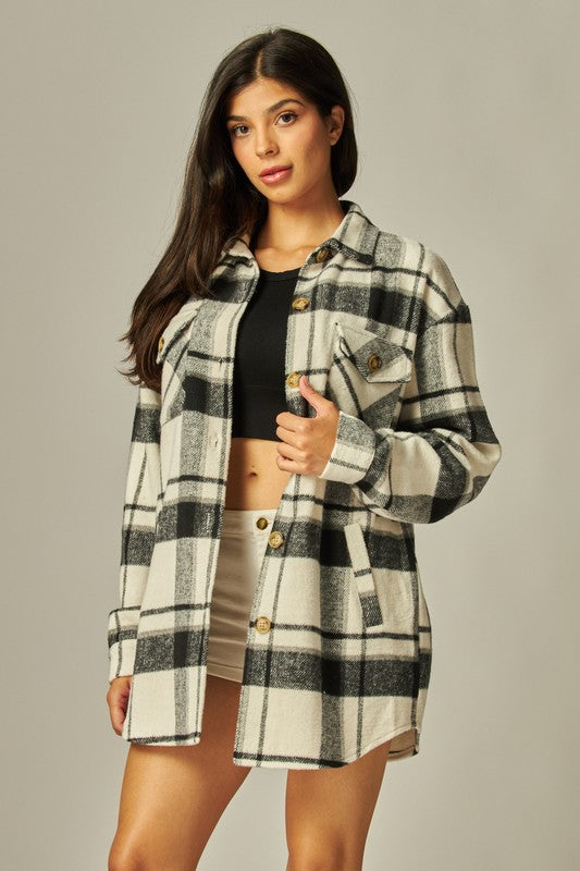 Flannel Plaid Oversized Shacket Button Down Jacket--Black