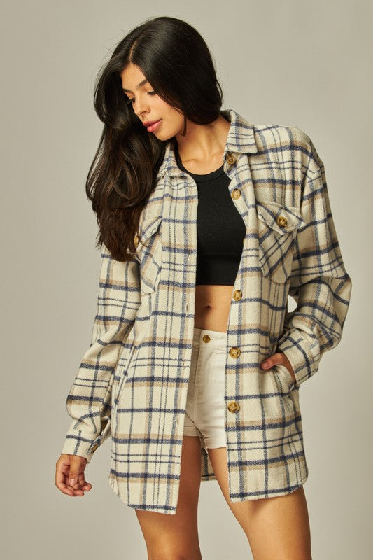 Flannel Plaid Oversized Shacket Button Down Jacket--Khaki/Navy