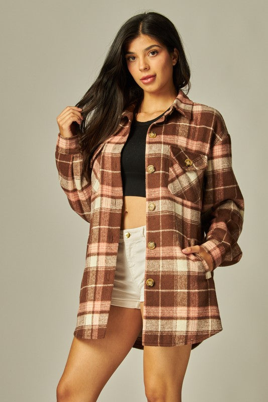 Flannel Plaid Oversized Shacket Button Down Jacket--Brown/Pink