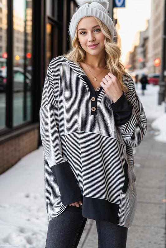 Long Sleeve Stripe And Solid Contrast Hoodie Top