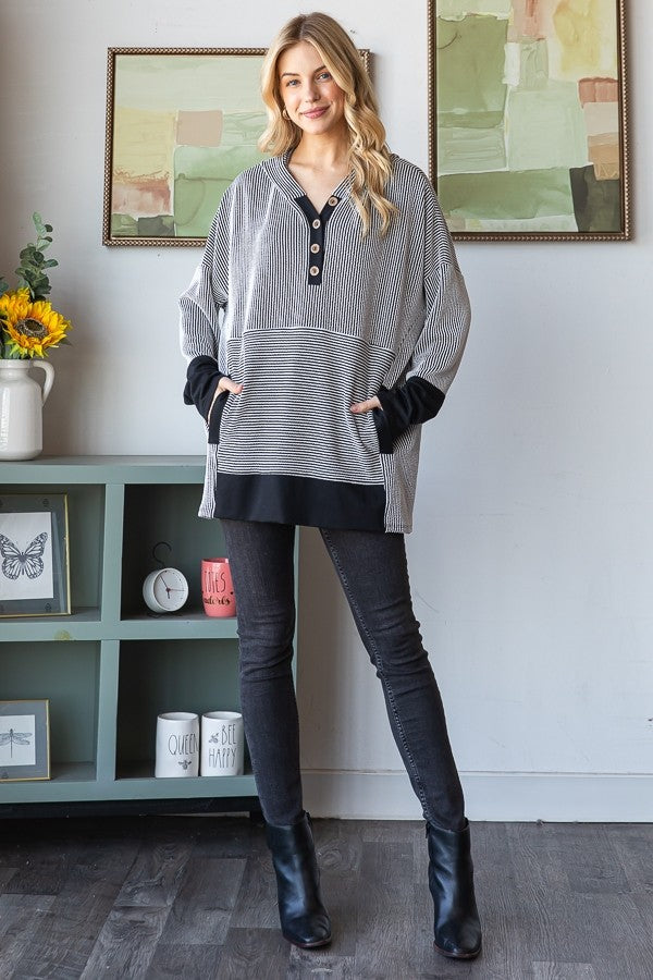 Long Sleeve Stripe And Solid Contrast Hoodie Top