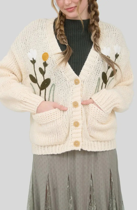 Floral Embroidery Button Down Knit Cardigan