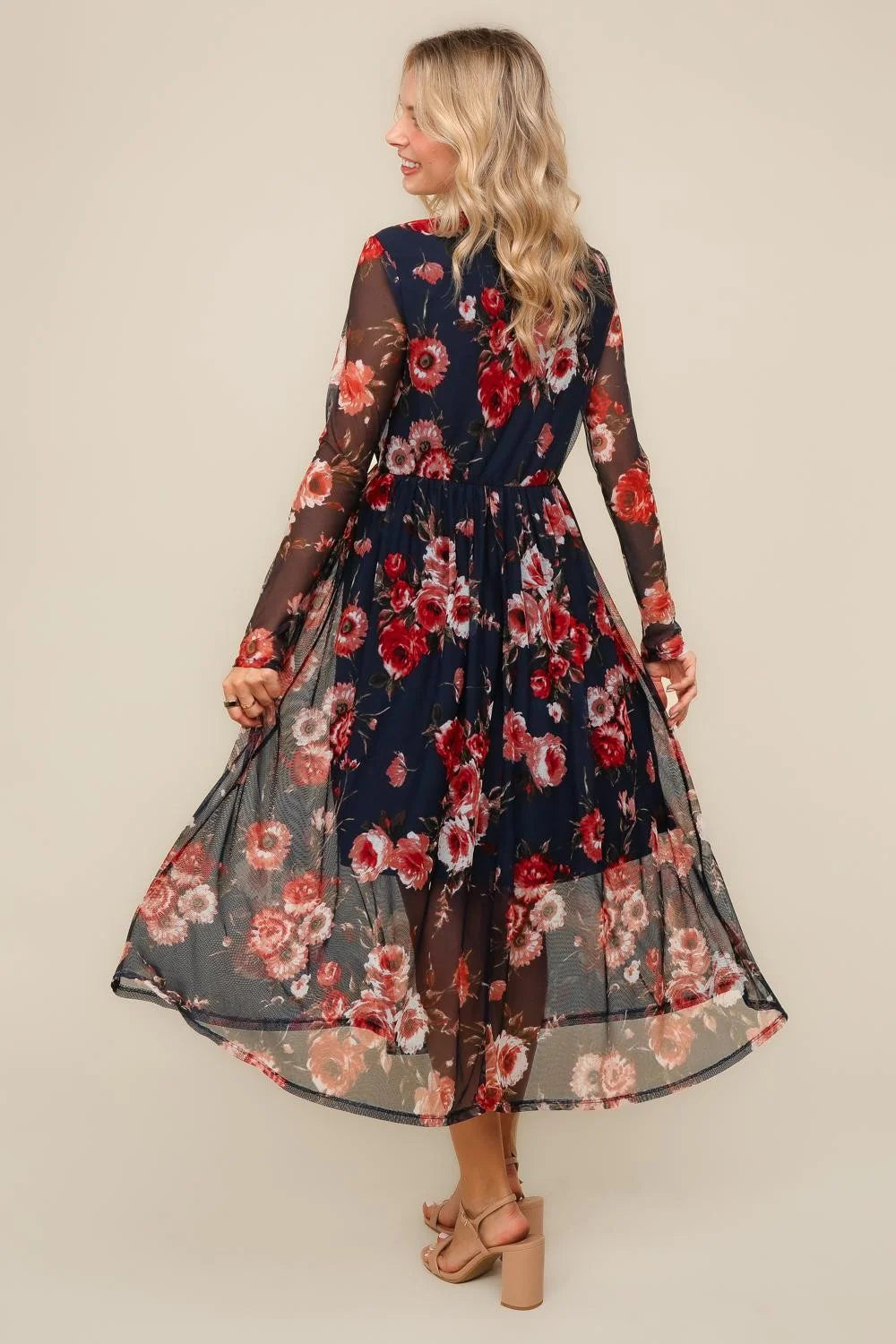 Navy Floral Midi Dress with Back Neck Button