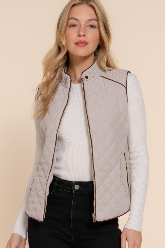 Suede Piping Quilted Vest--Taupe