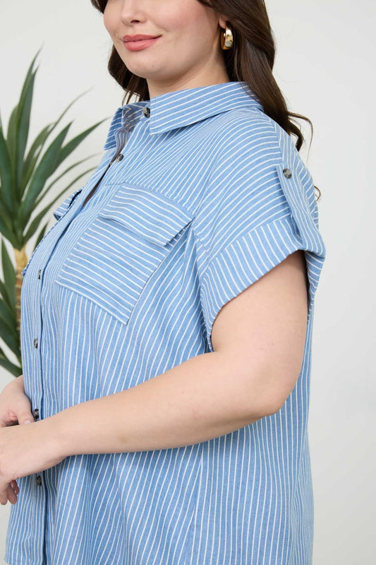 Plus Stripe Button Down Tab Sleeve Chambray Shirt