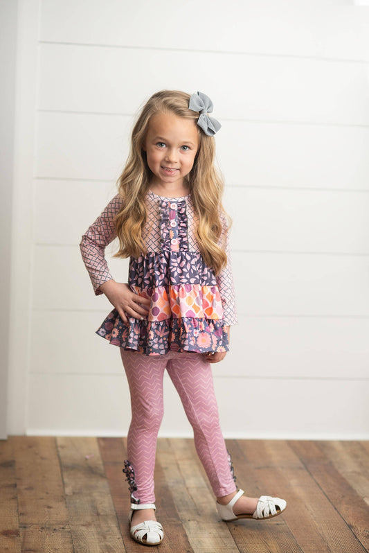 Kids Mauve & Gray 3 Tiered Ruffle Button Two Piece Pant Set