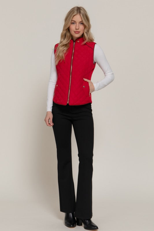 Suede Piping Quilted Padding Vest--Red