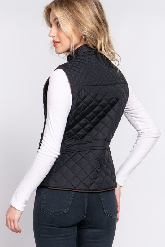 Suede Piping Quilted Padding Vest--Black