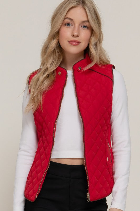 Suede Piping Quilted Vest--Red