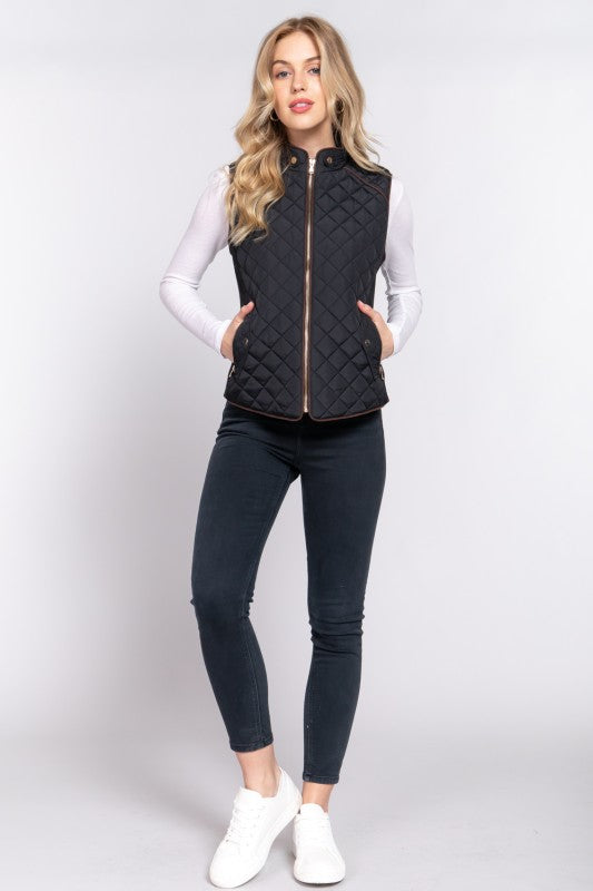 Suede Piping Quilted Vest--Black