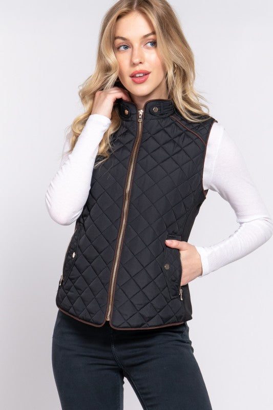 Suede Piping Quilted Padding Vest--Black