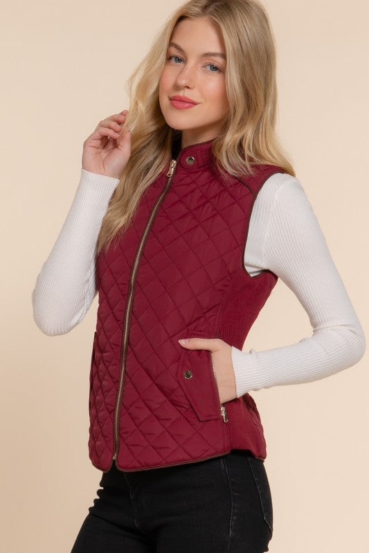 Suede Piping Quilted Vest--Dark Wine (PLUS)