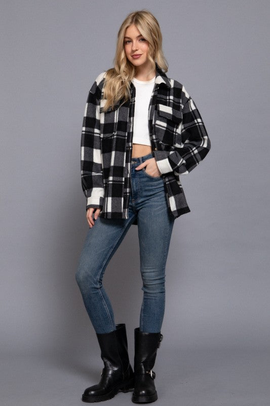 Checkered Fleece Shacket--Black