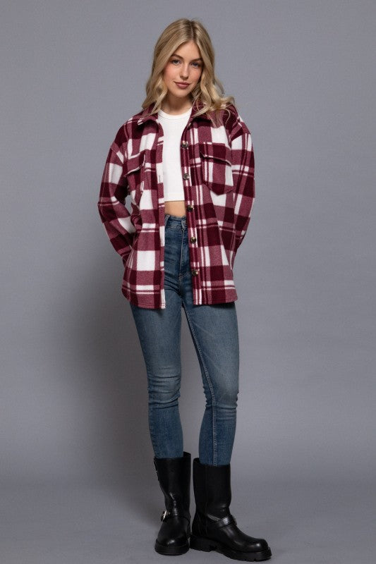 Checkered Fleece Shacket--Burgundy