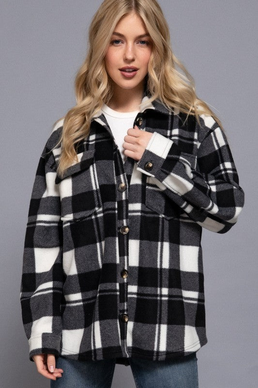Checkered Fleece Shacket--Black