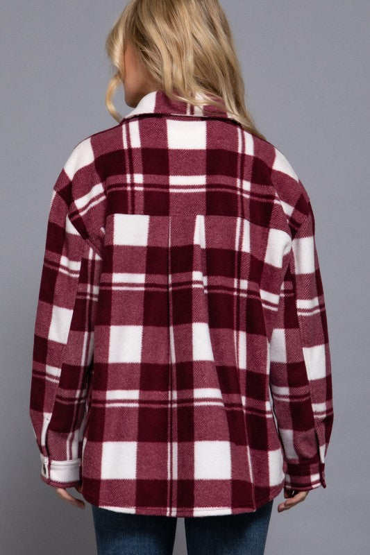 Checkered Fleece Shacket--Burgundy
