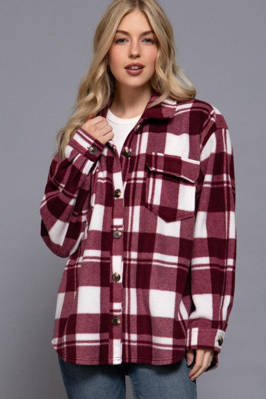 Checkered Fleece Shacket--Burgundy