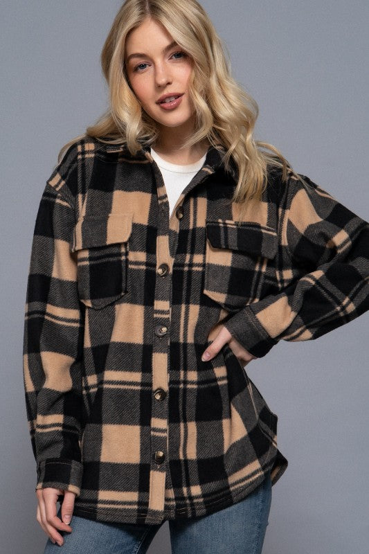 Checkered Fleece Shacket--Taupe