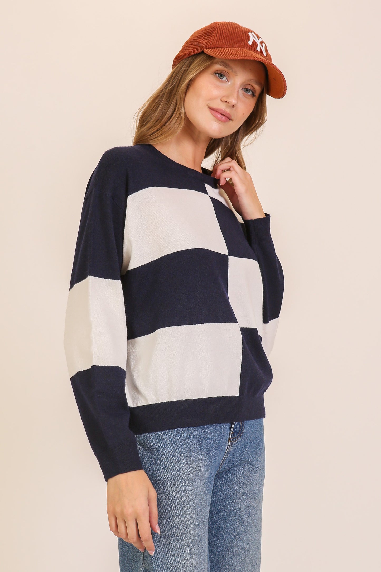 Checkered Coastal Chic Pullover Sweater--Navy/White