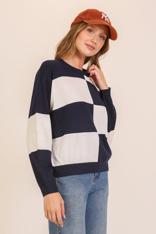 Checkered Coastal Chic Pullover Sweater--Navy/White