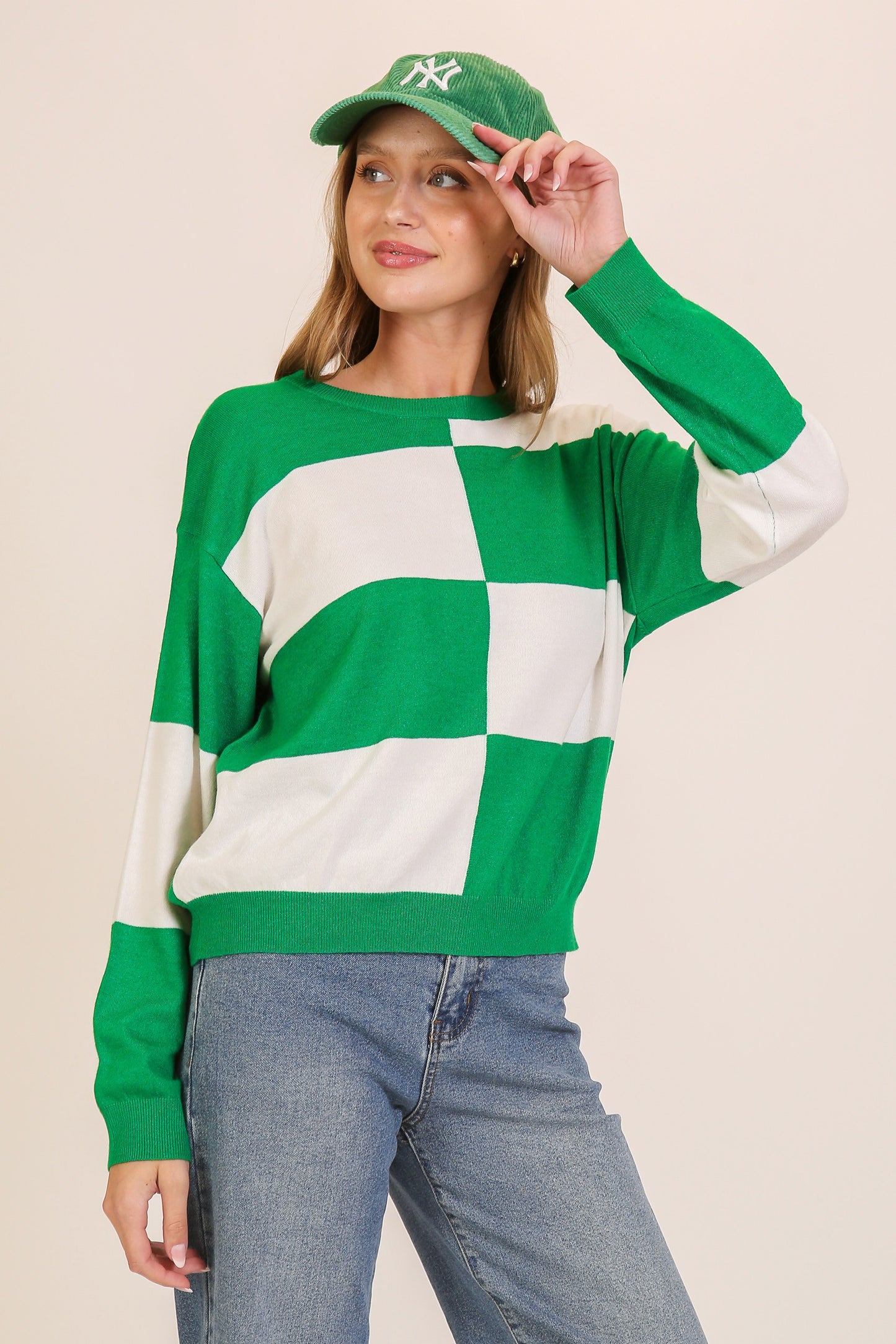 Checkered Coastal Chic Pullover Sweater--Green/White