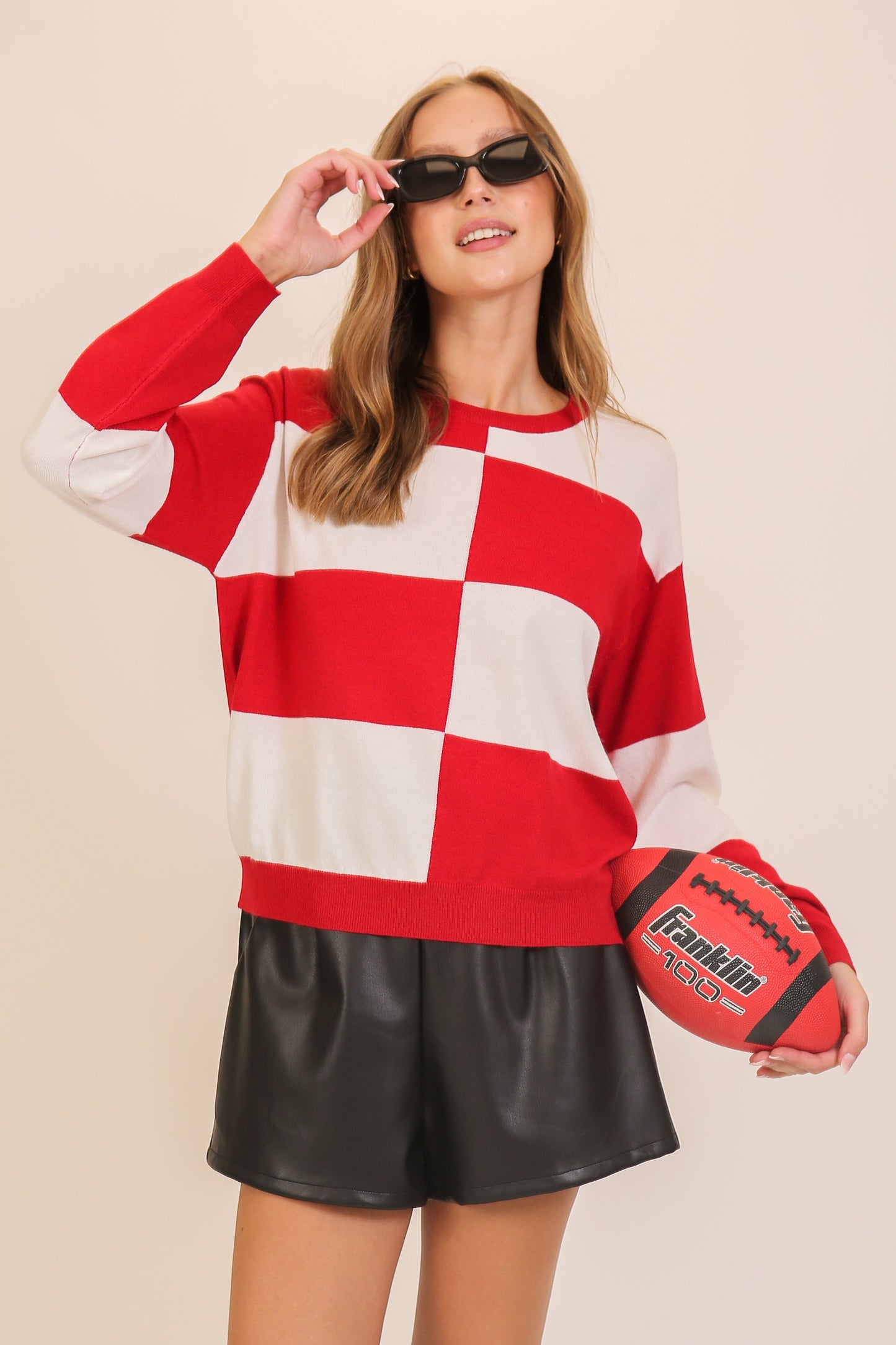 Checkered Coastal Chic Pullover Sweater--Red/White
