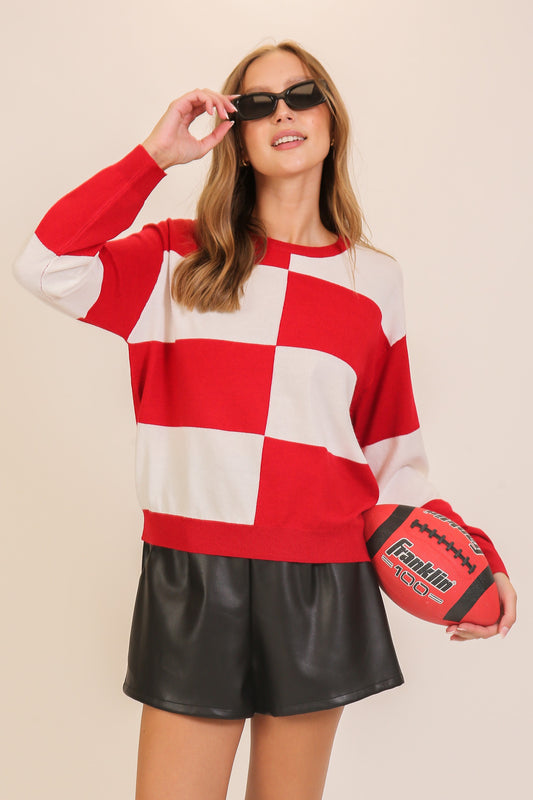 Checkered Coastal Chic Pullover Sweater--Red/White