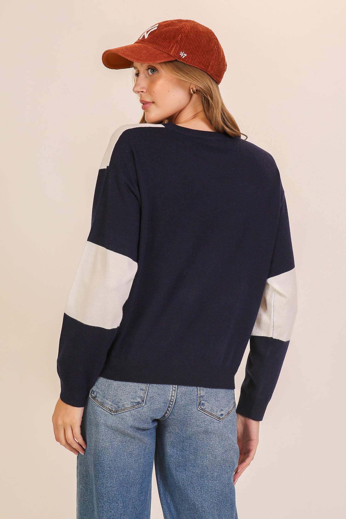 Checkered Coastal Chic Pullover Sweater--Navy/White