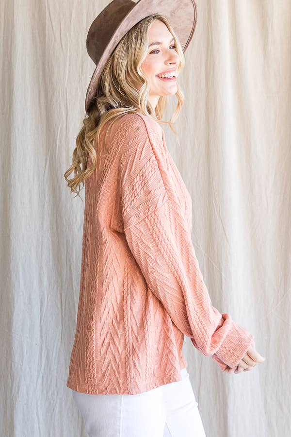 Rose Casual Drop Shoulder Cable Knit Top
