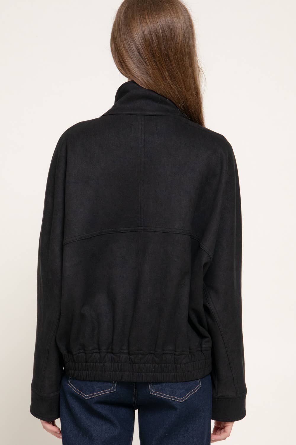 High Neck with Tab Front Patch Pocket Faux Suede Jacket